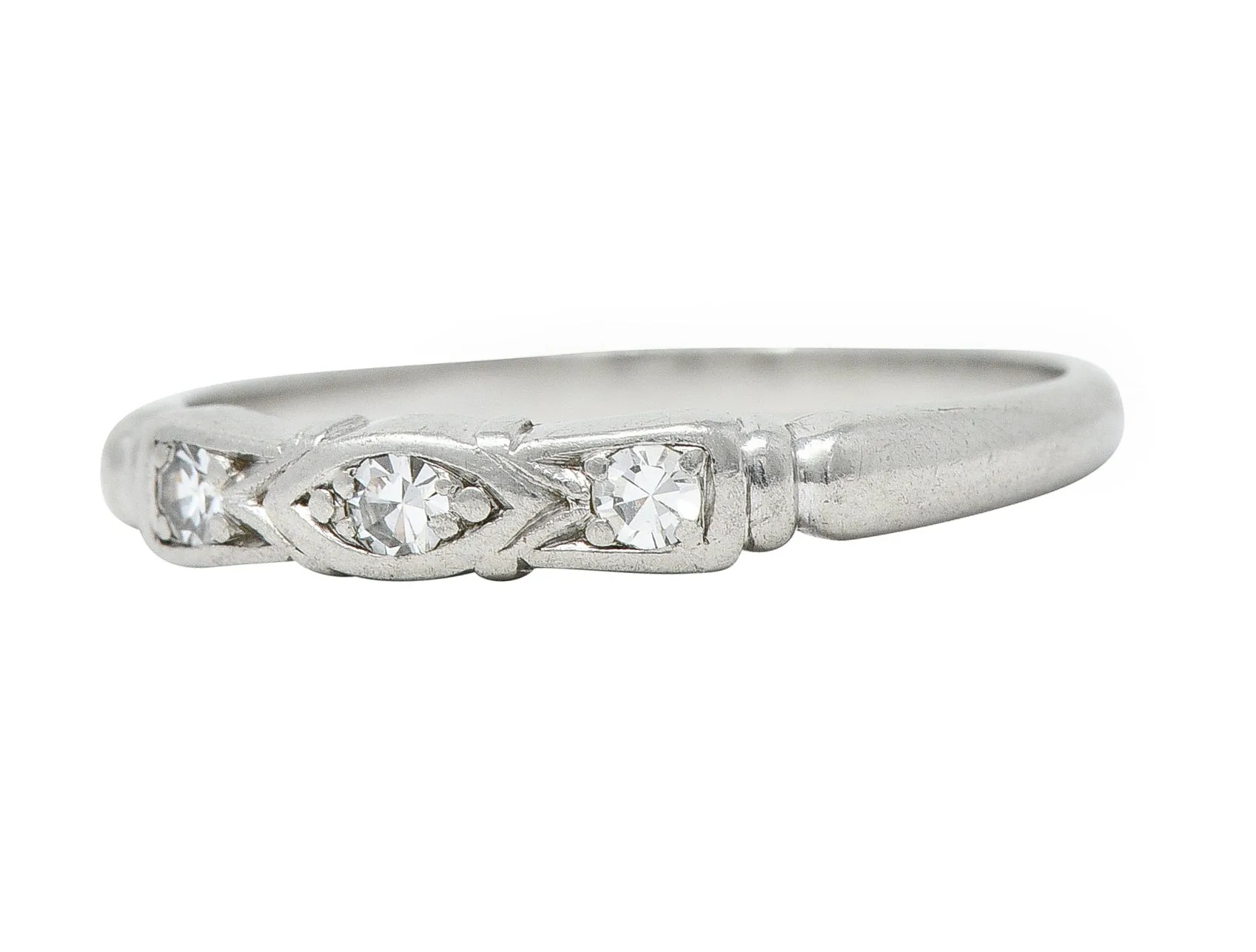 Art Deco Diamond Platinum Navette Three Stone Band Ring