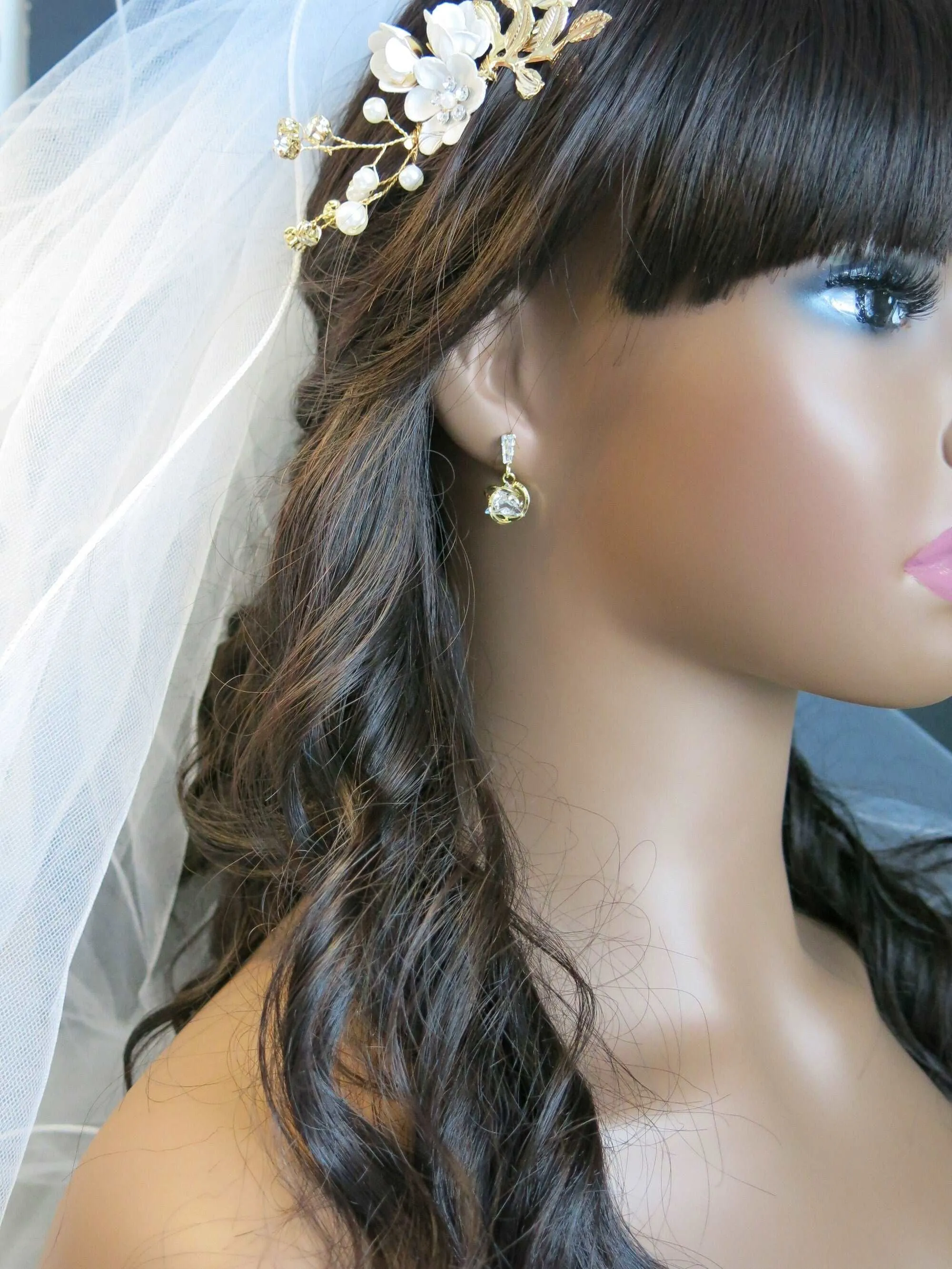 Baguette Cut Crystal Earrings, Sphere Crystal Ball Wedding Bridal Earrings, Bridesmaid Minimalist Fashion Studded Earrings