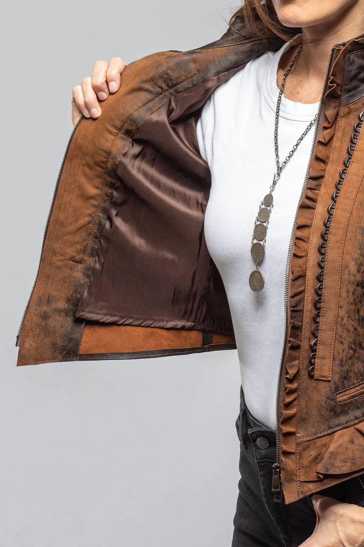 Bailey Ruffle Front Jacket In Vintage Cognac