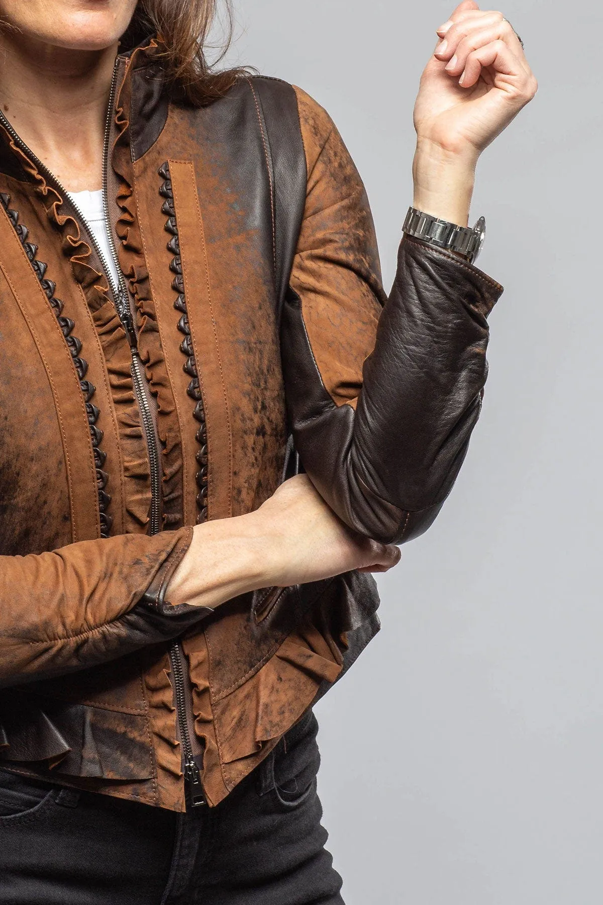 Bailey Ruffle Front Jacket In Vintage Cognac