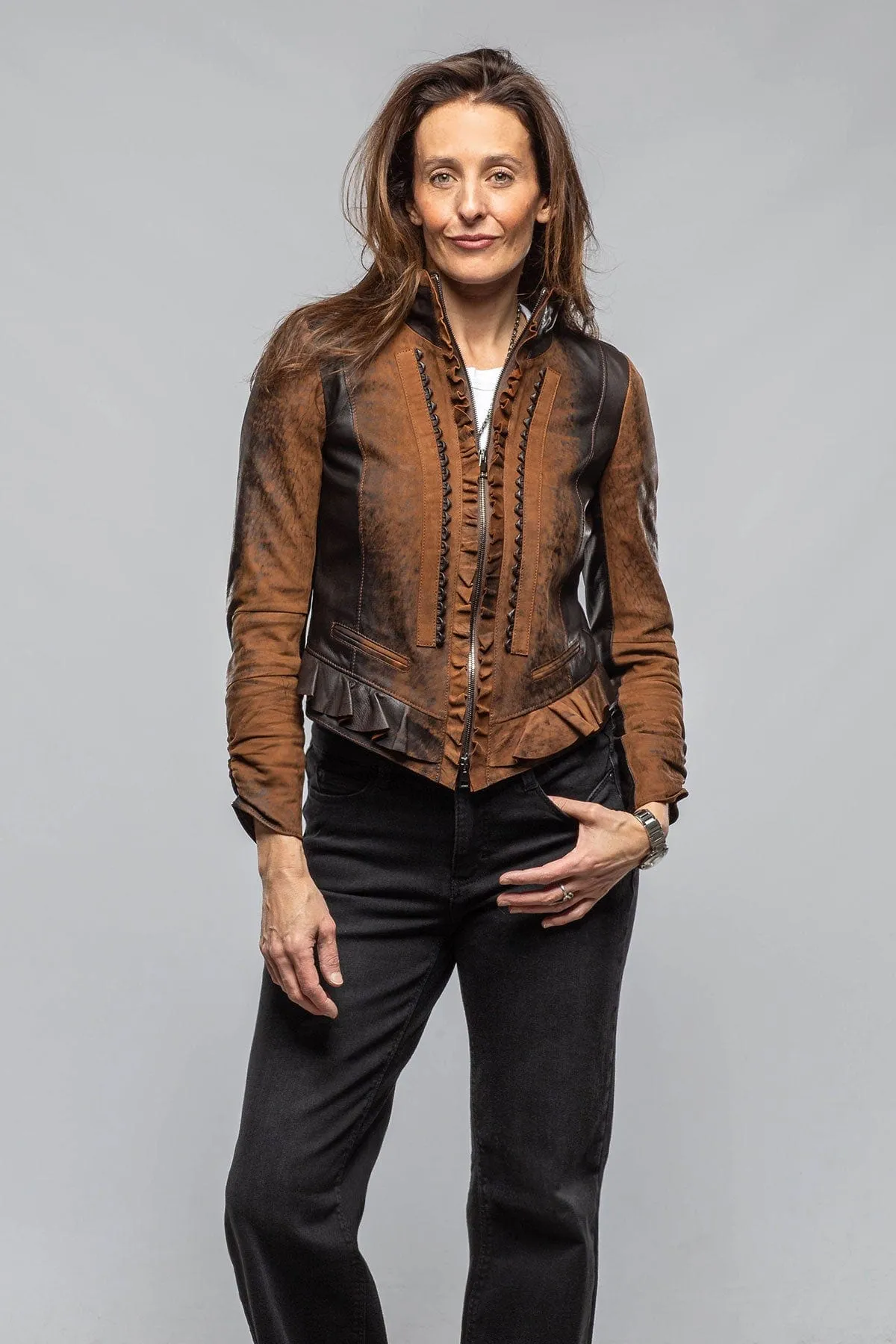 Bailey Ruffle Front Jacket In Vintage Cognac