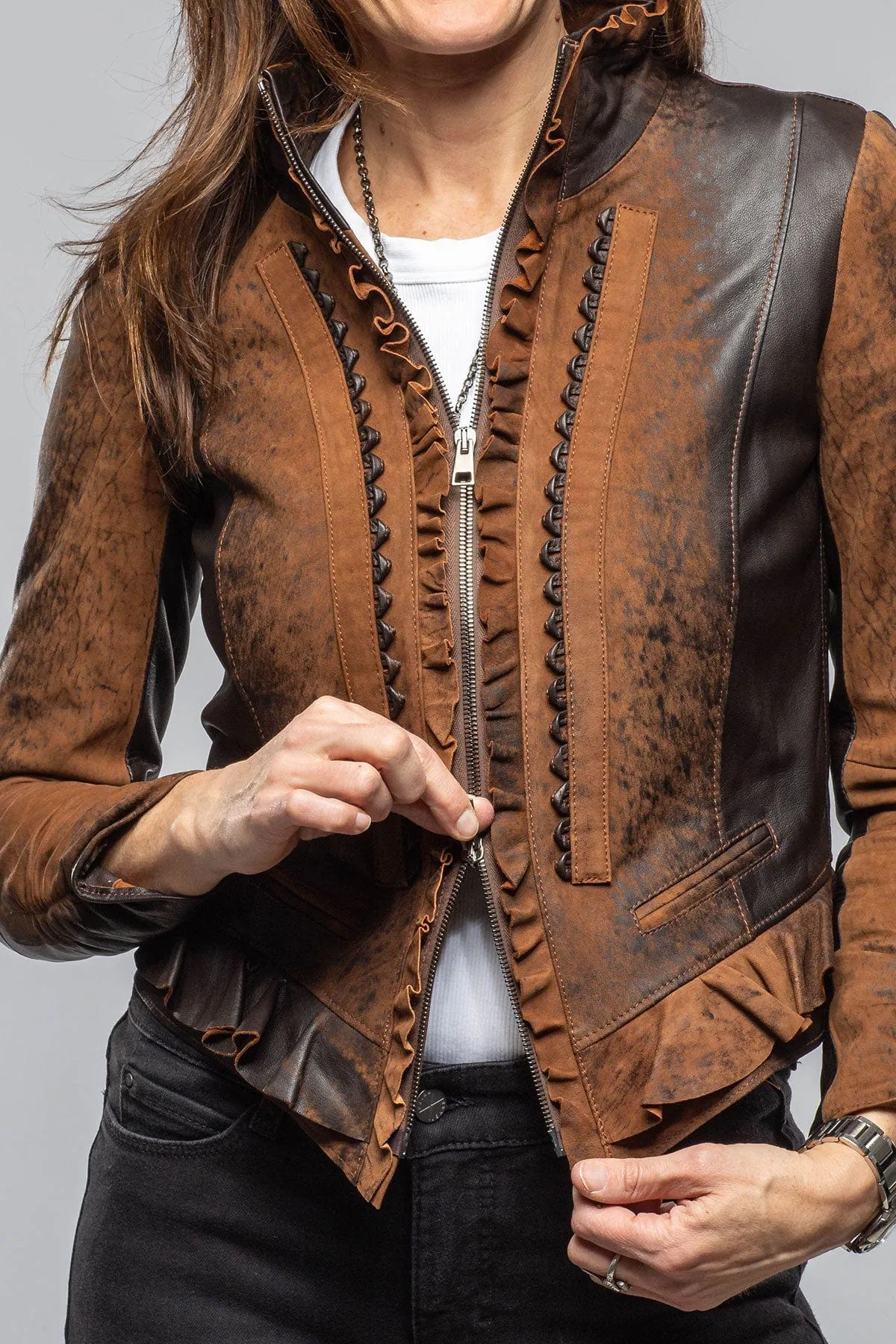 Bailey Ruffle Front Jacket In Vintage Cognac