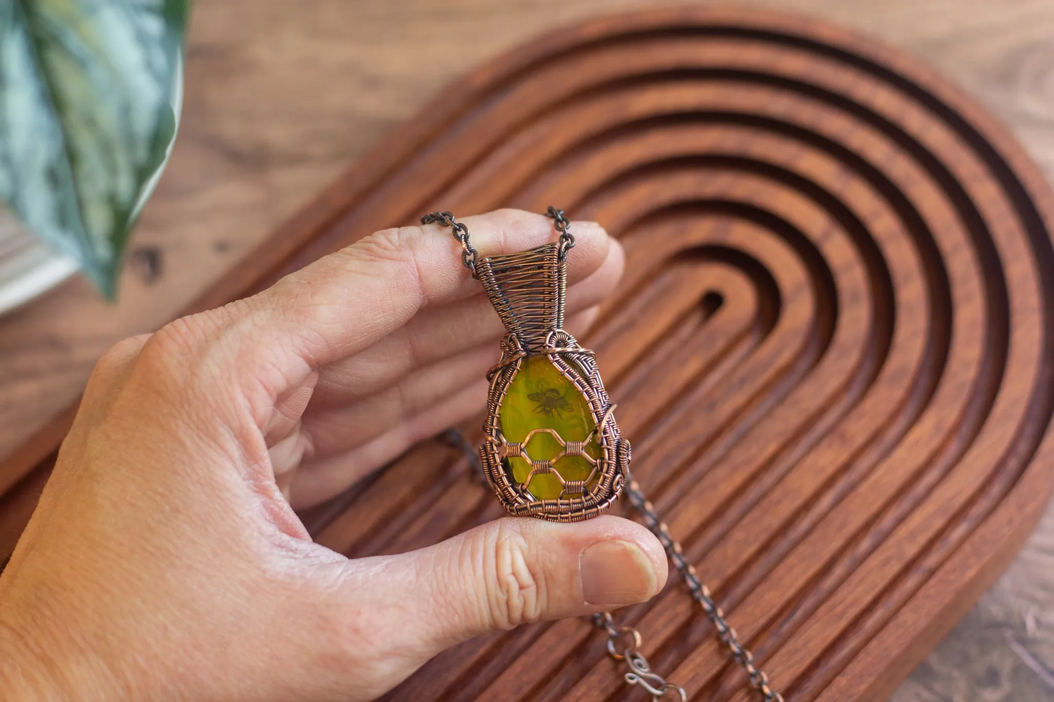 Bee with Honeycomb Copper Pendant with Yellow Fused Glass