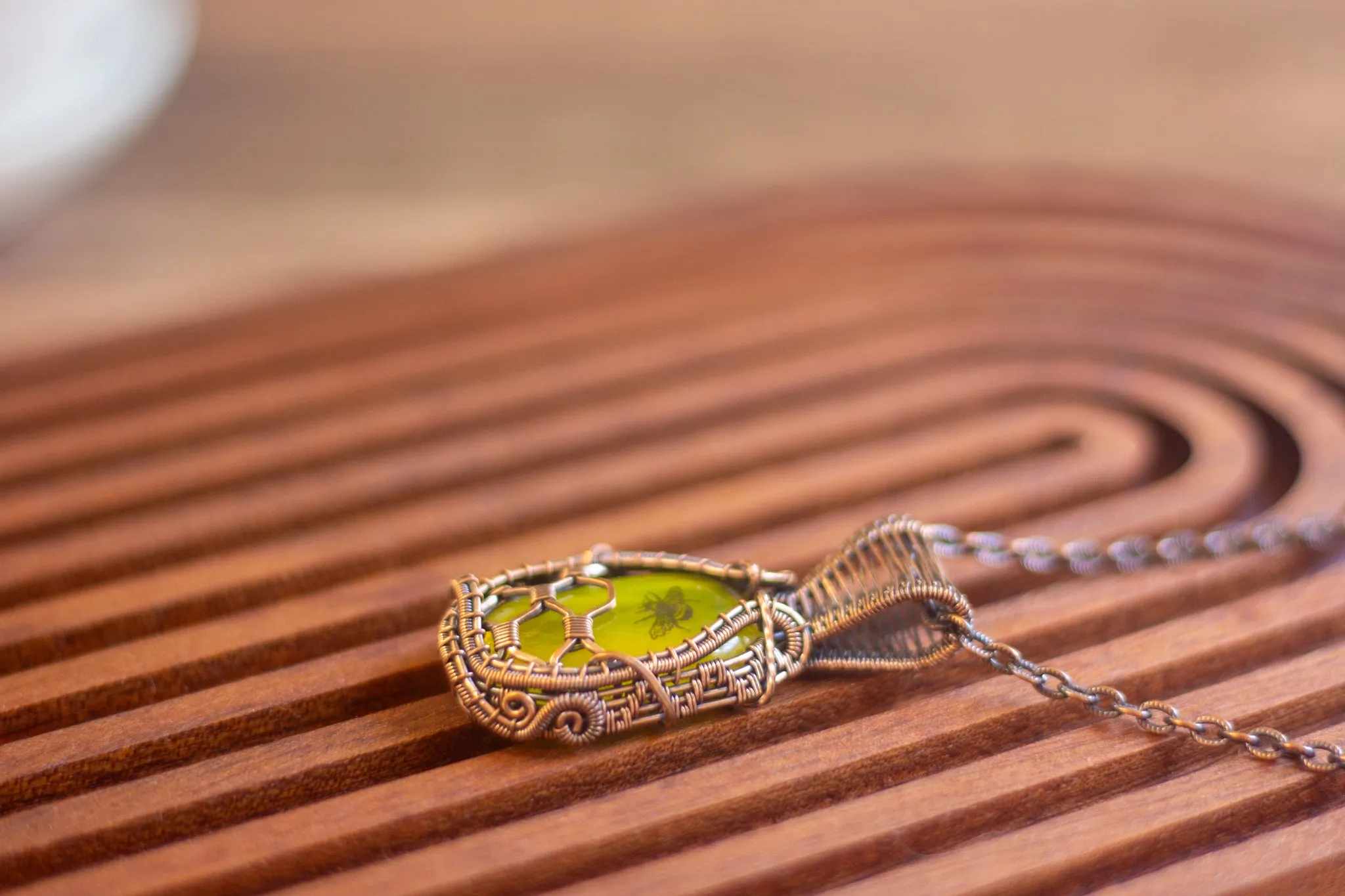 Bee with Honeycomb Copper Pendant with Yellow Fused Glass
