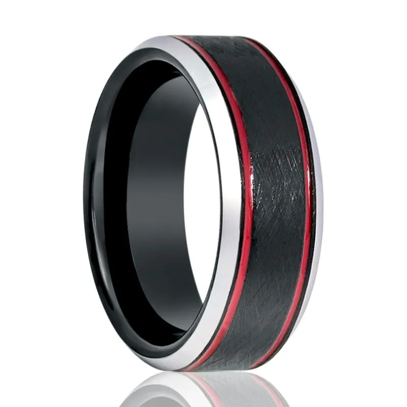 BELARIO | Black Tungsten Ring, Double Red Groove, Beveled