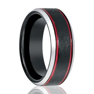 BELARIO | Black Tungsten Ring, Double Red Groove, Beveled