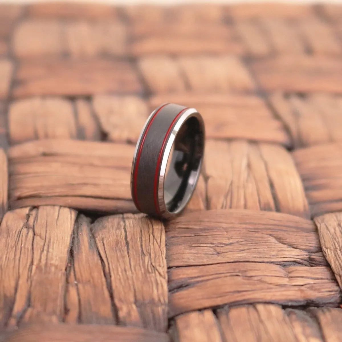 BELARIO | Black Tungsten Ring, Double Red Groove, Beveled