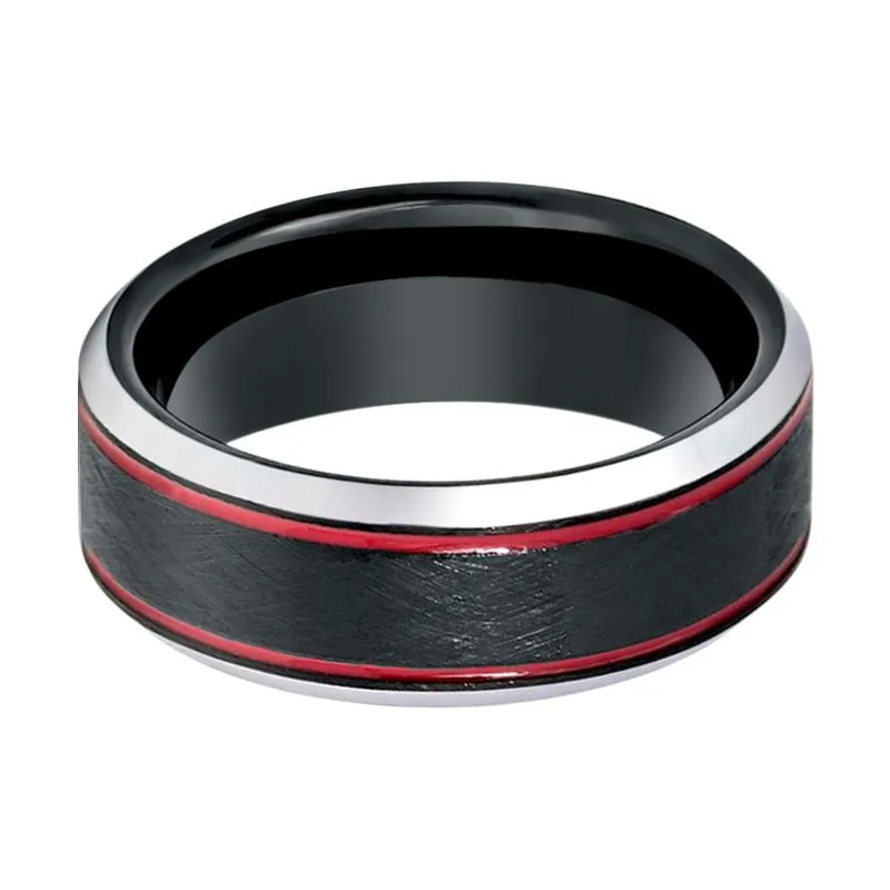 BELARIO | Black Tungsten Ring, Double Red Groove, Beveled