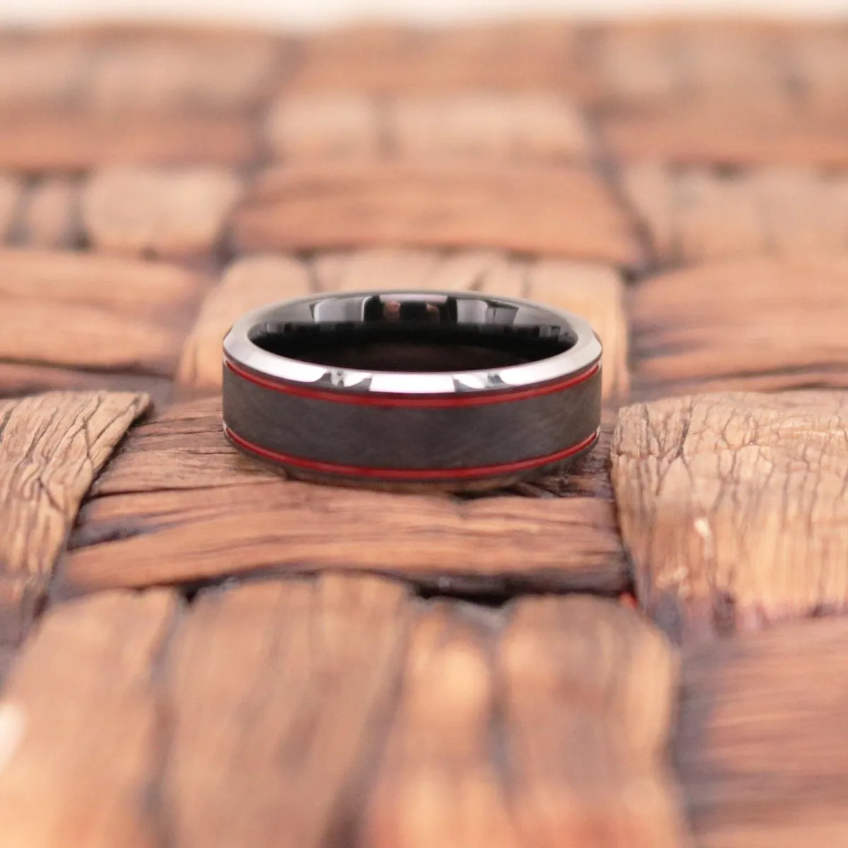 BELARIO | Black Tungsten Ring, Double Red Groove, Beveled