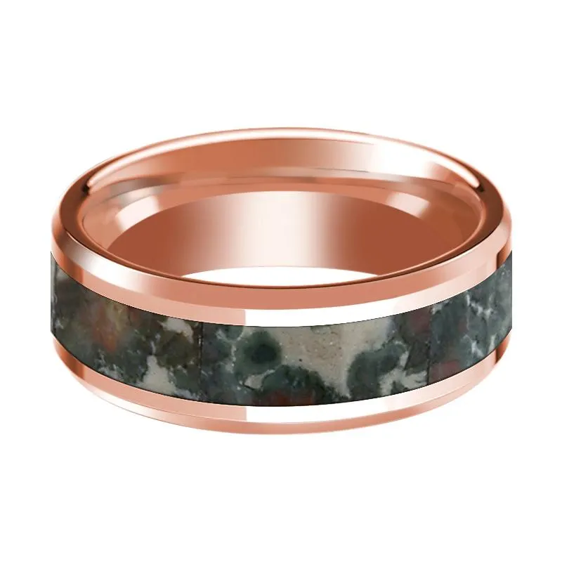 Beveled 14K Rose Gold Men's Wedding Band with Coprolite Fossil Inlay Polished Finish - 8MM