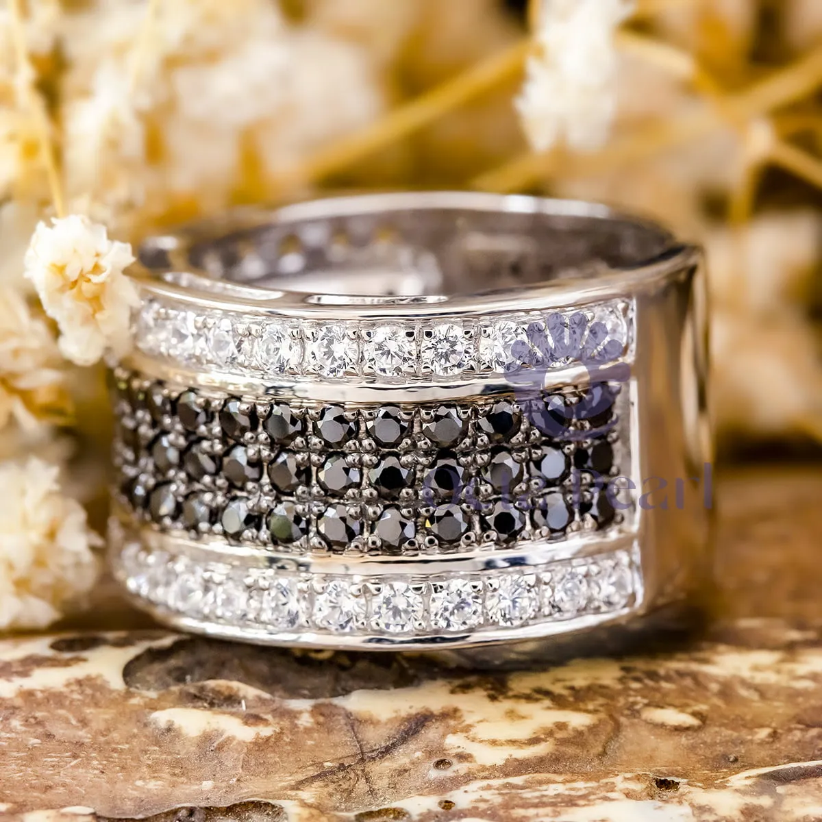 Black & White Round Stone Half Eternity Wedding Band