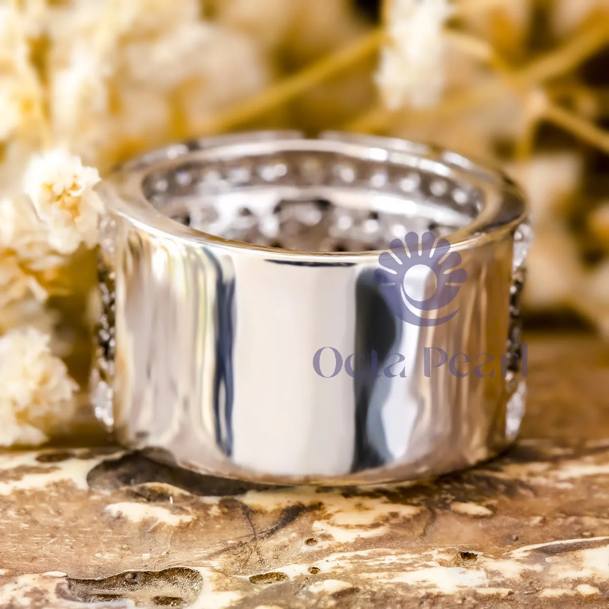 Black & White Round Stone Half Eternity Wedding Band