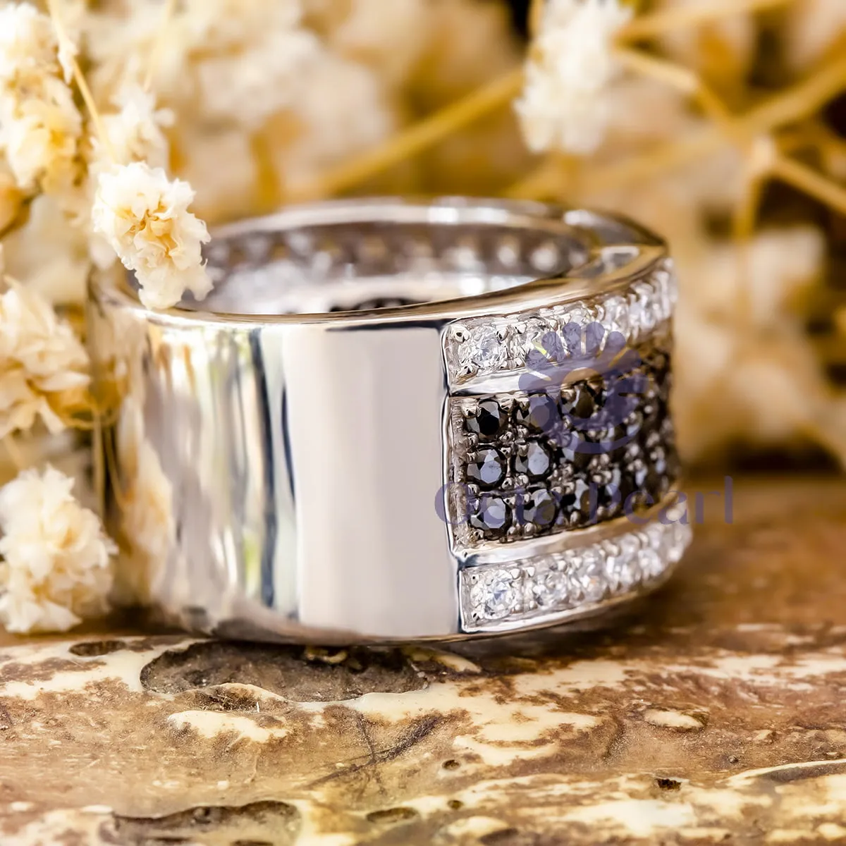Black & White Round Stone Half Eternity Wedding Band