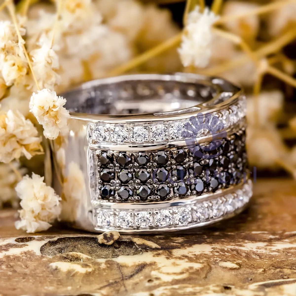 Black & White Round Stone Half Eternity Wedding Band