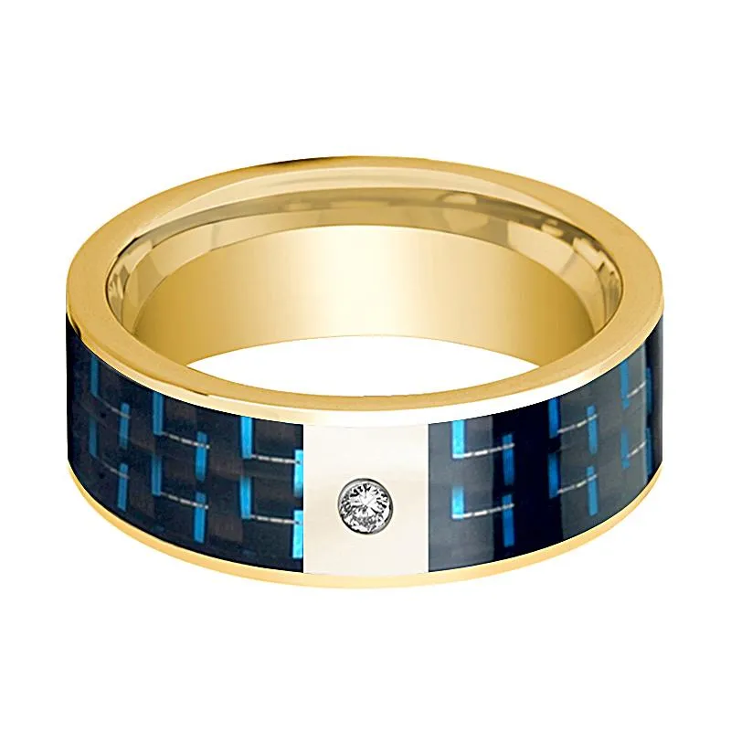 Black and Blue Carbon Fiber Inlaid Men's 14k Gold Wedding Band with Diamond in Center - 8MM