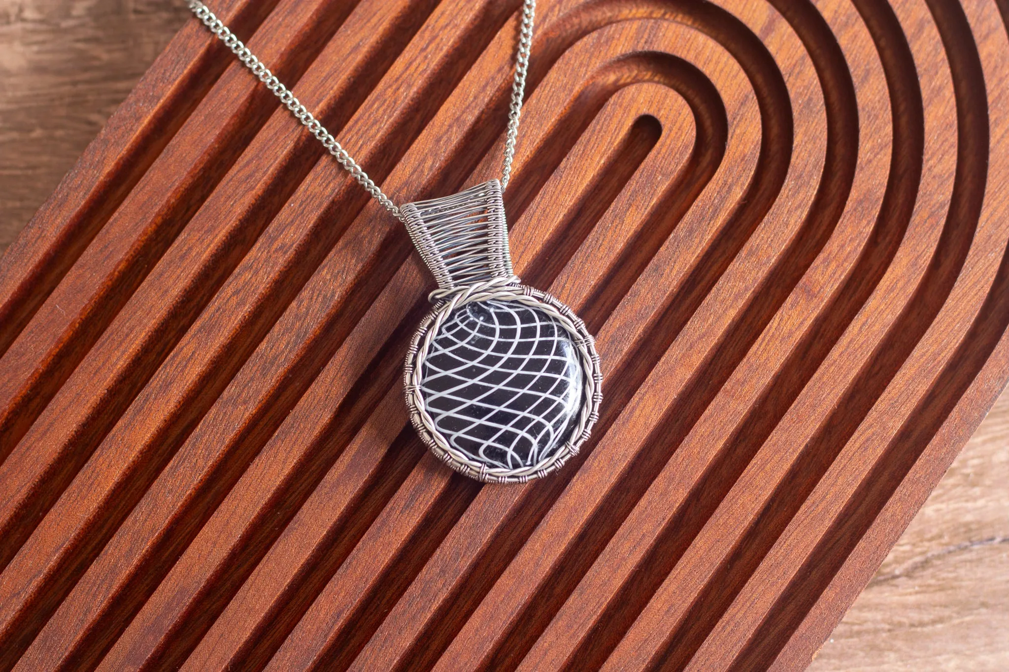 Black and White Helix Fused Glass with Sterling Silver Wire Wrapping