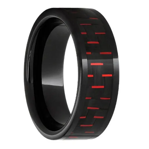 Black Ceramic Pipe Cut Band with Black and Red Carbon Fiber Inlay