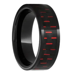 Black Ceramic Pipe Cut Band with Black and Red Carbon Fiber Inlay