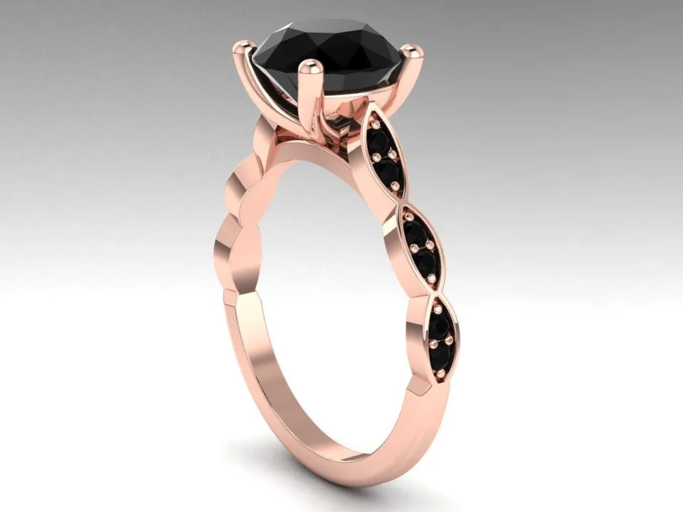 Black Diamond Ring Rose Gold Bridal Jewelry
