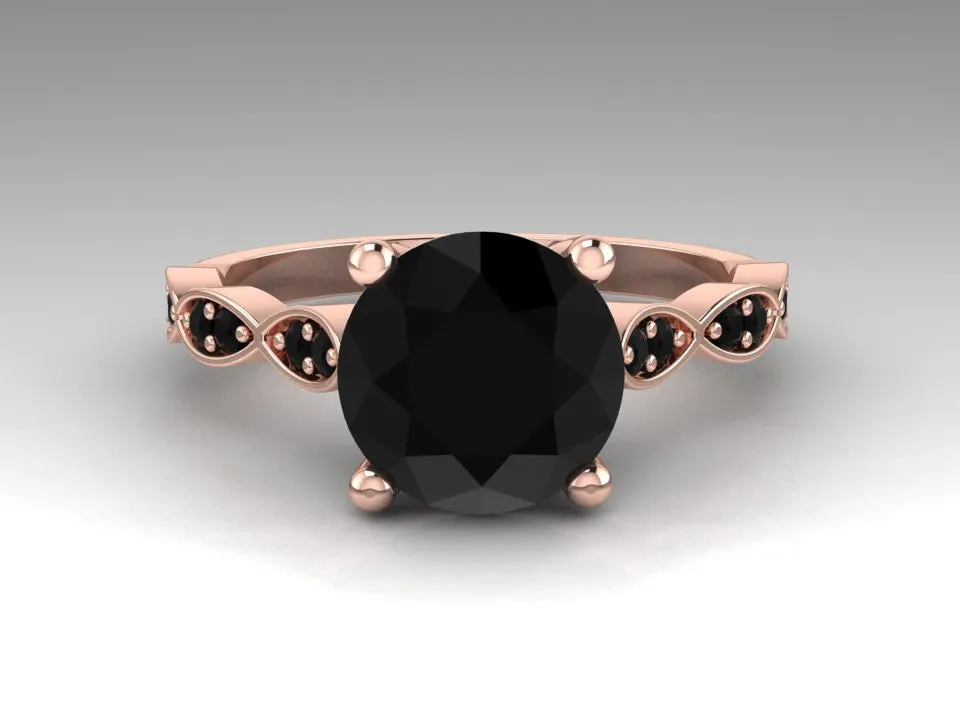 Black Diamond Ring Rose Gold Bridal Jewelry