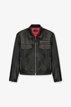 BLACK LEATHER TRUCKER JACKET