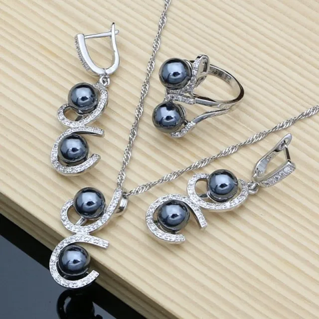 Black Pearl Silver Jewelry Set for Women Wedding Bridal Jewelry