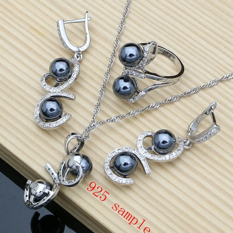 Black Pearl Silver Jewelry Set for Women Wedding Bridal Jewelry