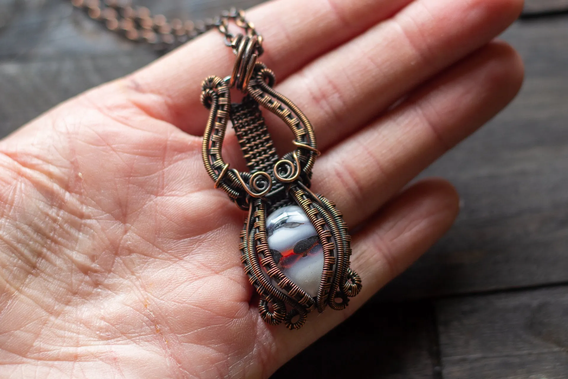 Black, White and Red Fused Glass Statement Pendant with Copper Wire Wrapping