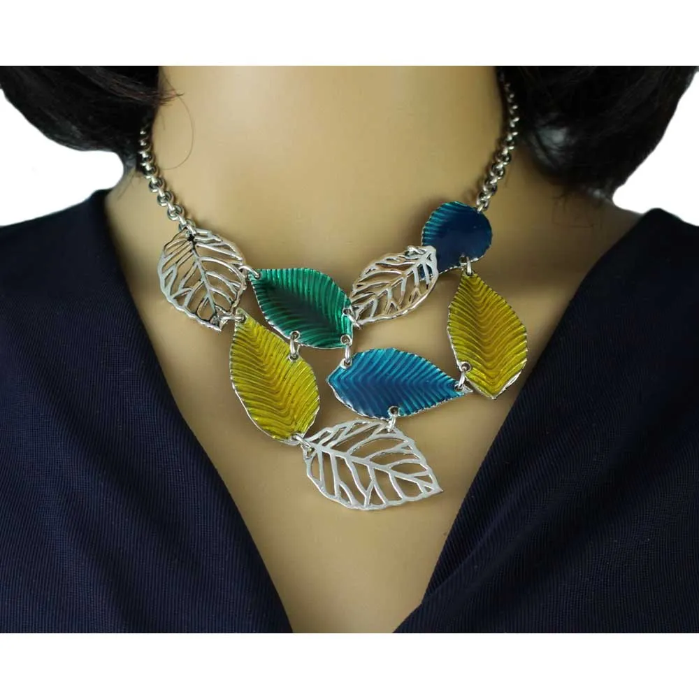 Blue, Yellow, and Green Enamel Leaves Necklace - FN322