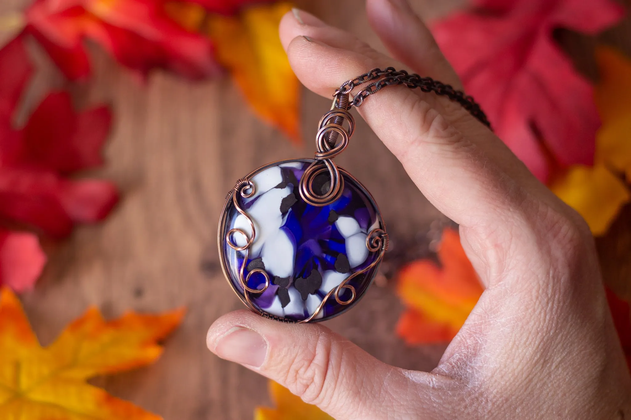 Blues, Purple, and White Fused Glass Statement Pendant with Copper Wire