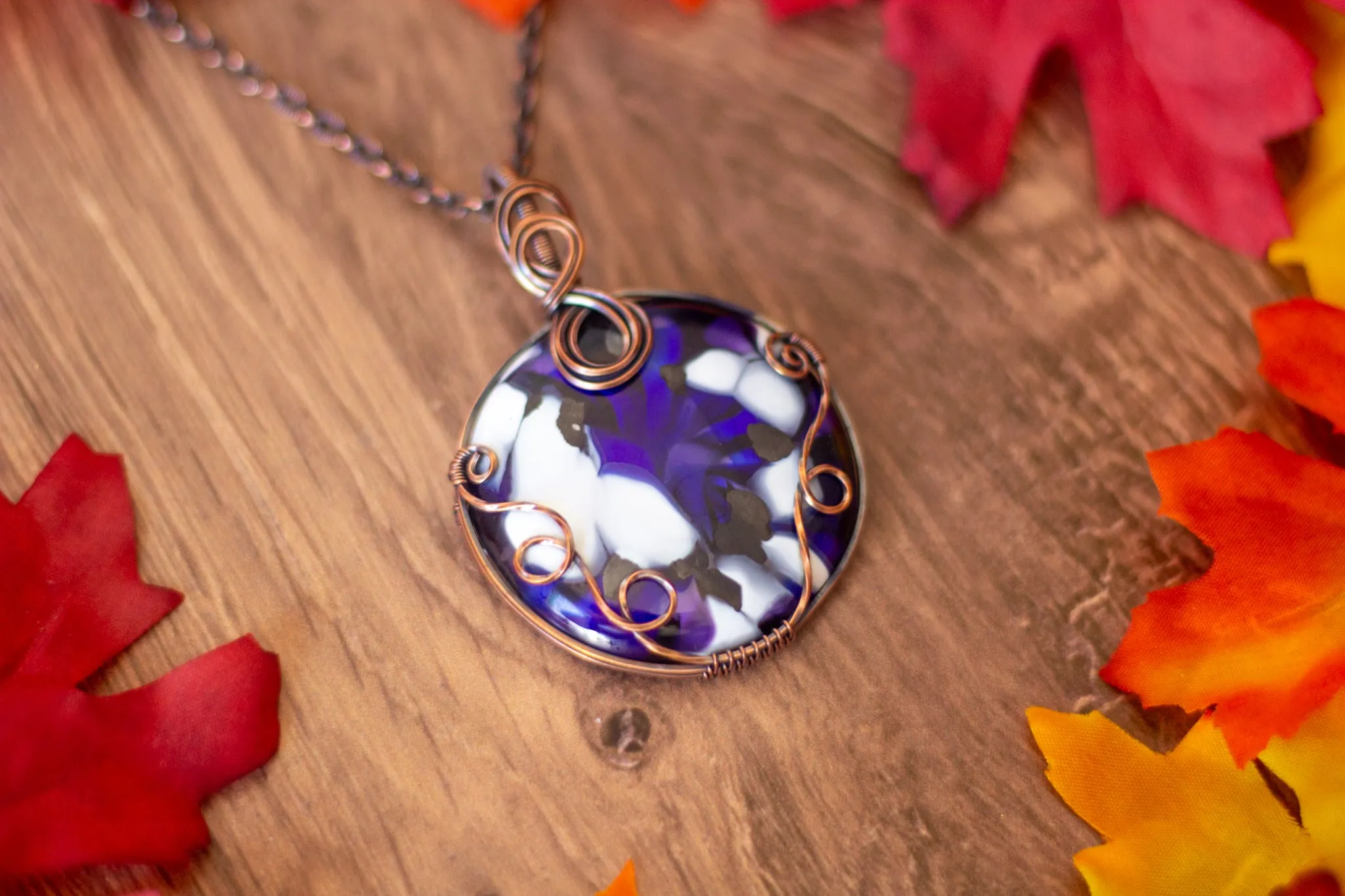 Blues, Purple, and White Fused Glass Statement Pendant with Copper Wire