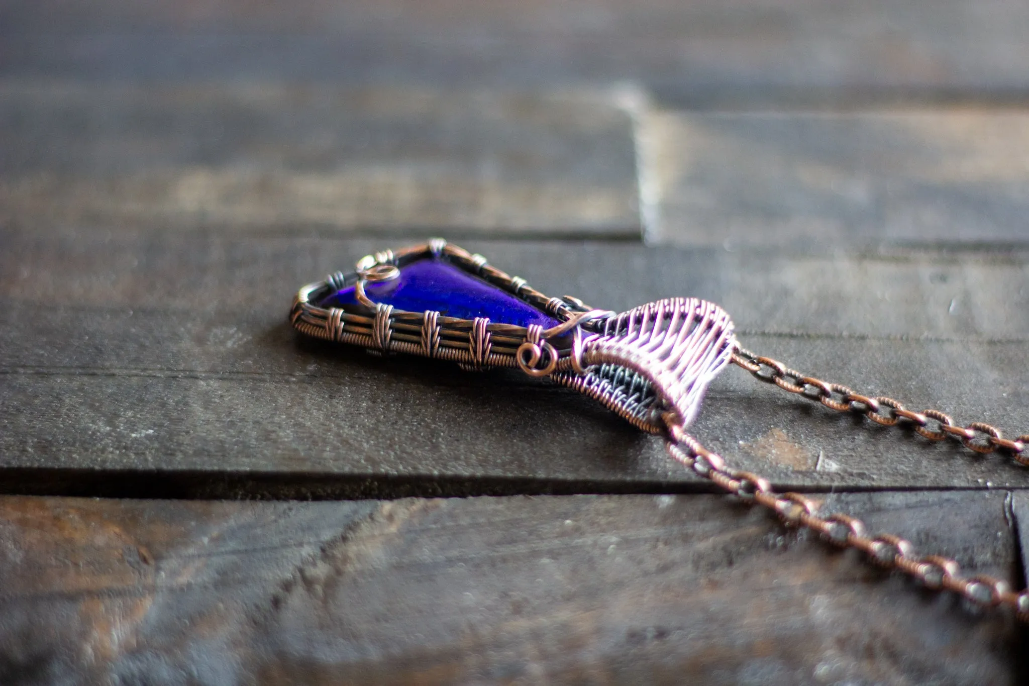 Bright Blue Dichroic Fused Glass Pendant with Copper Wire Wrapping