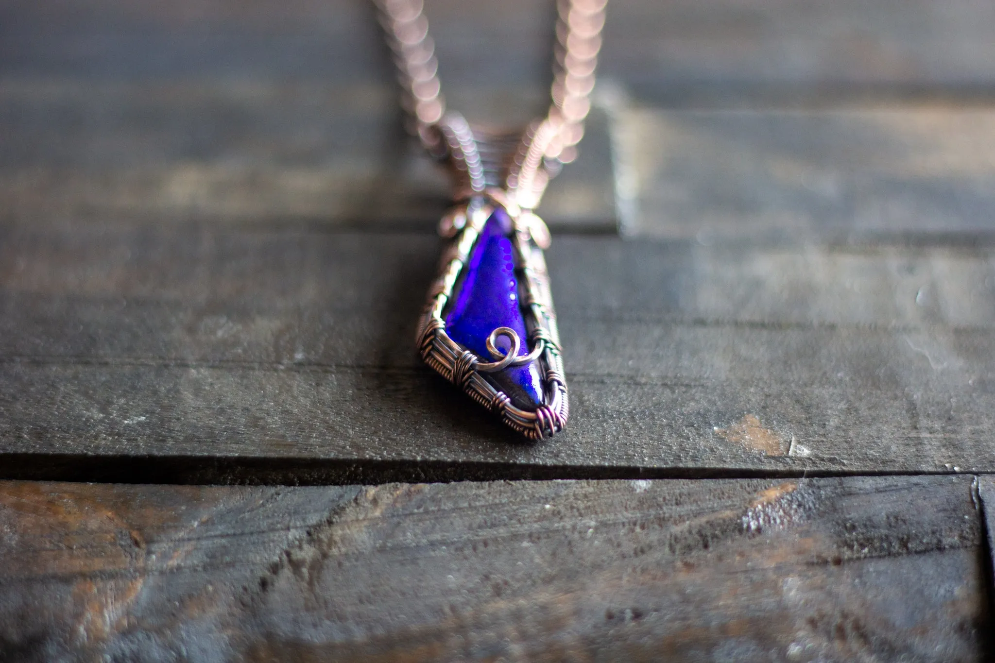 Bright Blue Dichroic Fused Glass Pendant with Copper Wire Wrapping