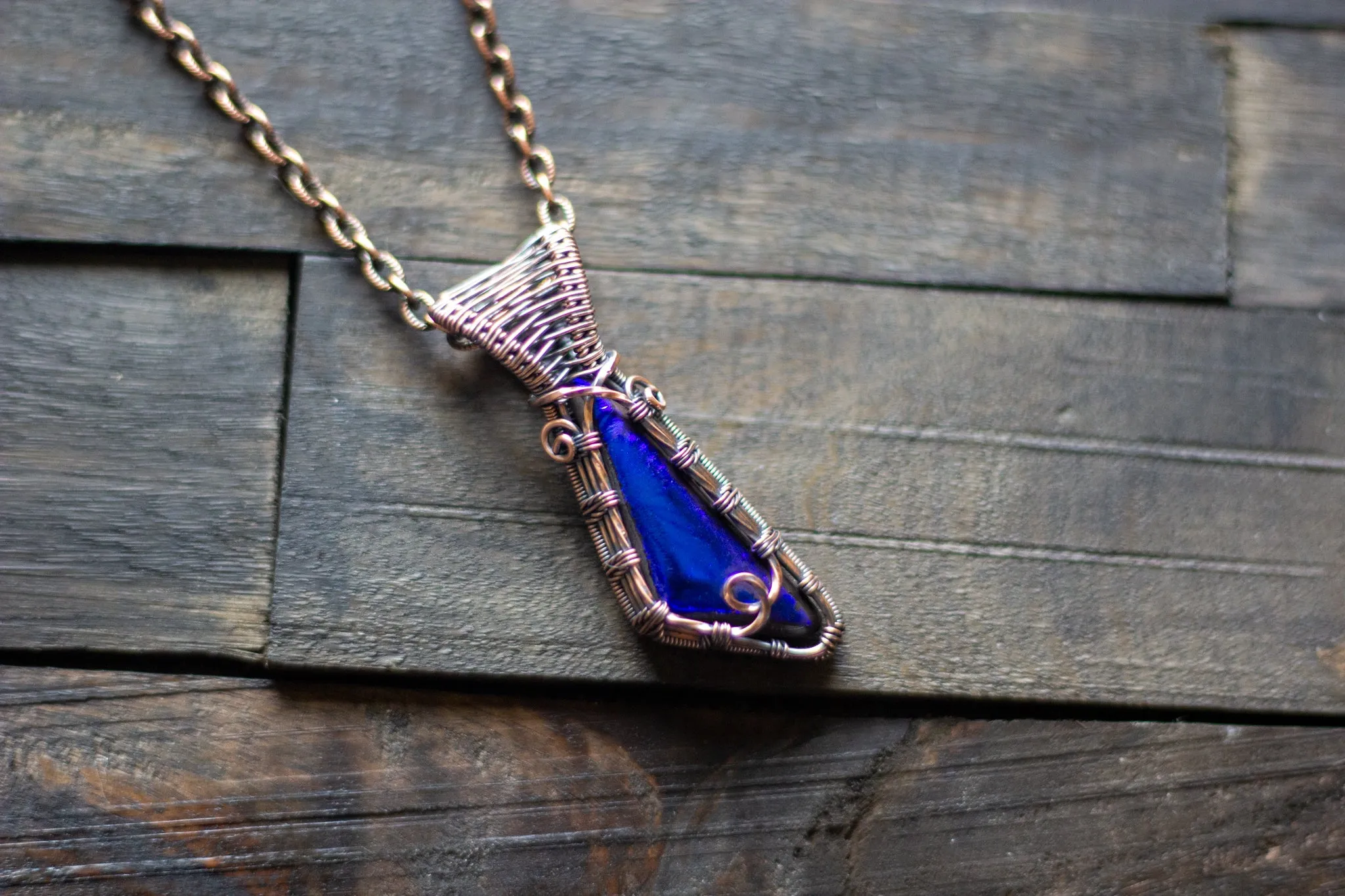 Bright Blue Dichroic Fused Glass Pendant with Copper Wire Wrapping
