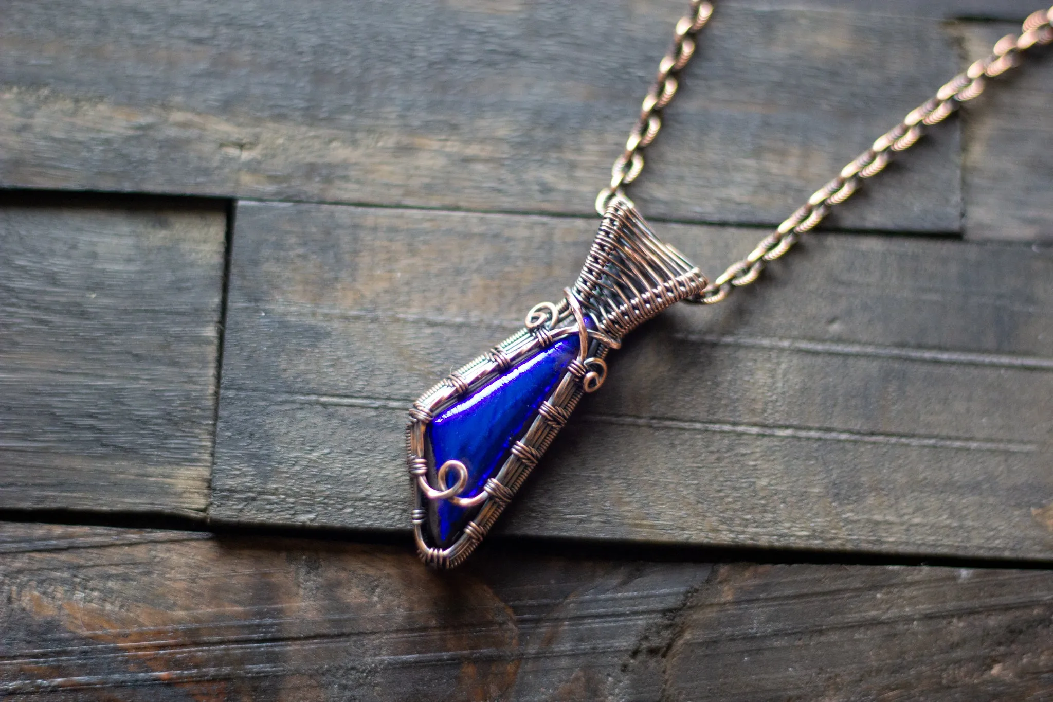 Bright Blue Dichroic Fused Glass Pendant with Copper Wire Wrapping