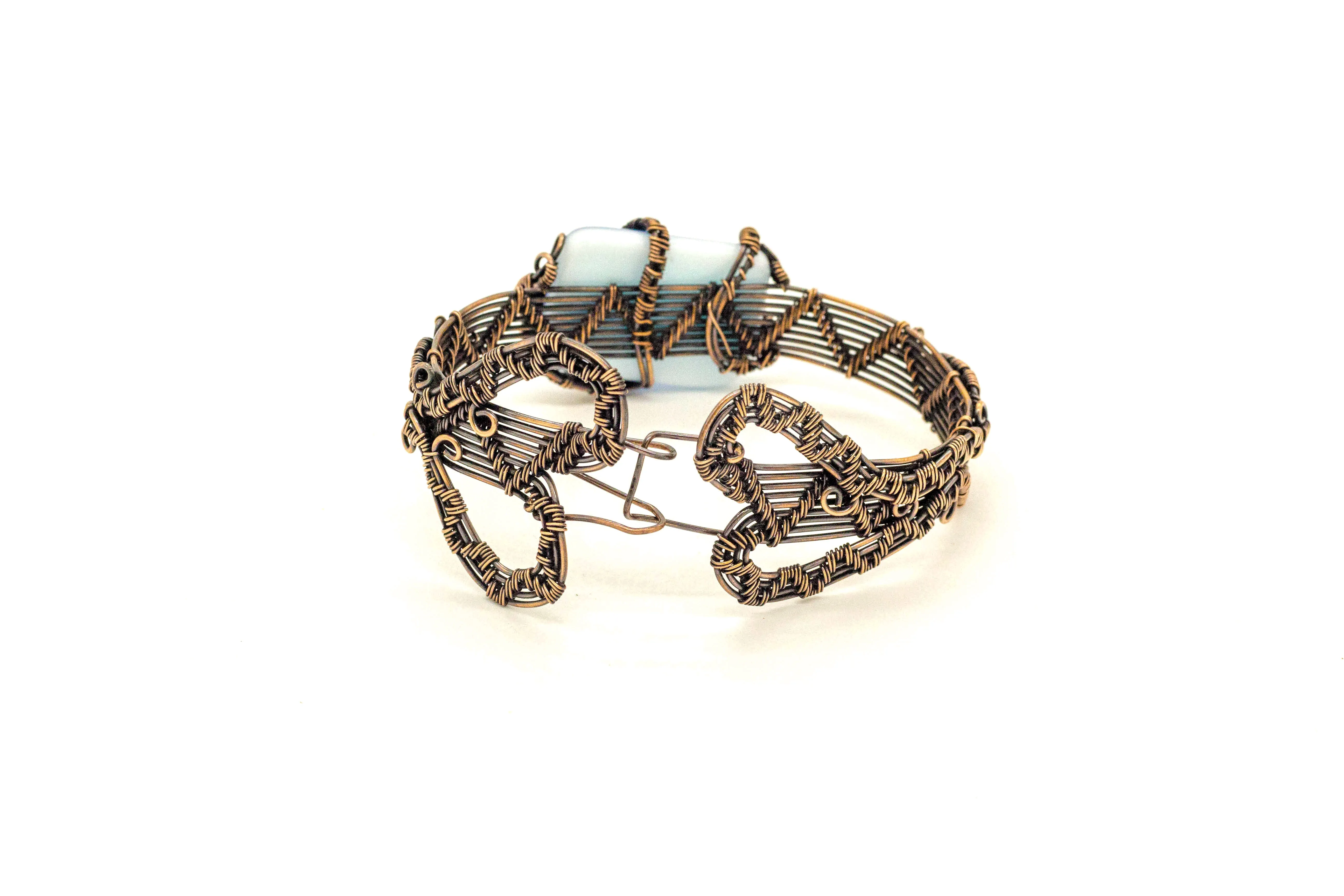 Bright Blue Fused Glass and Copper Wire Wrapped Bracelet