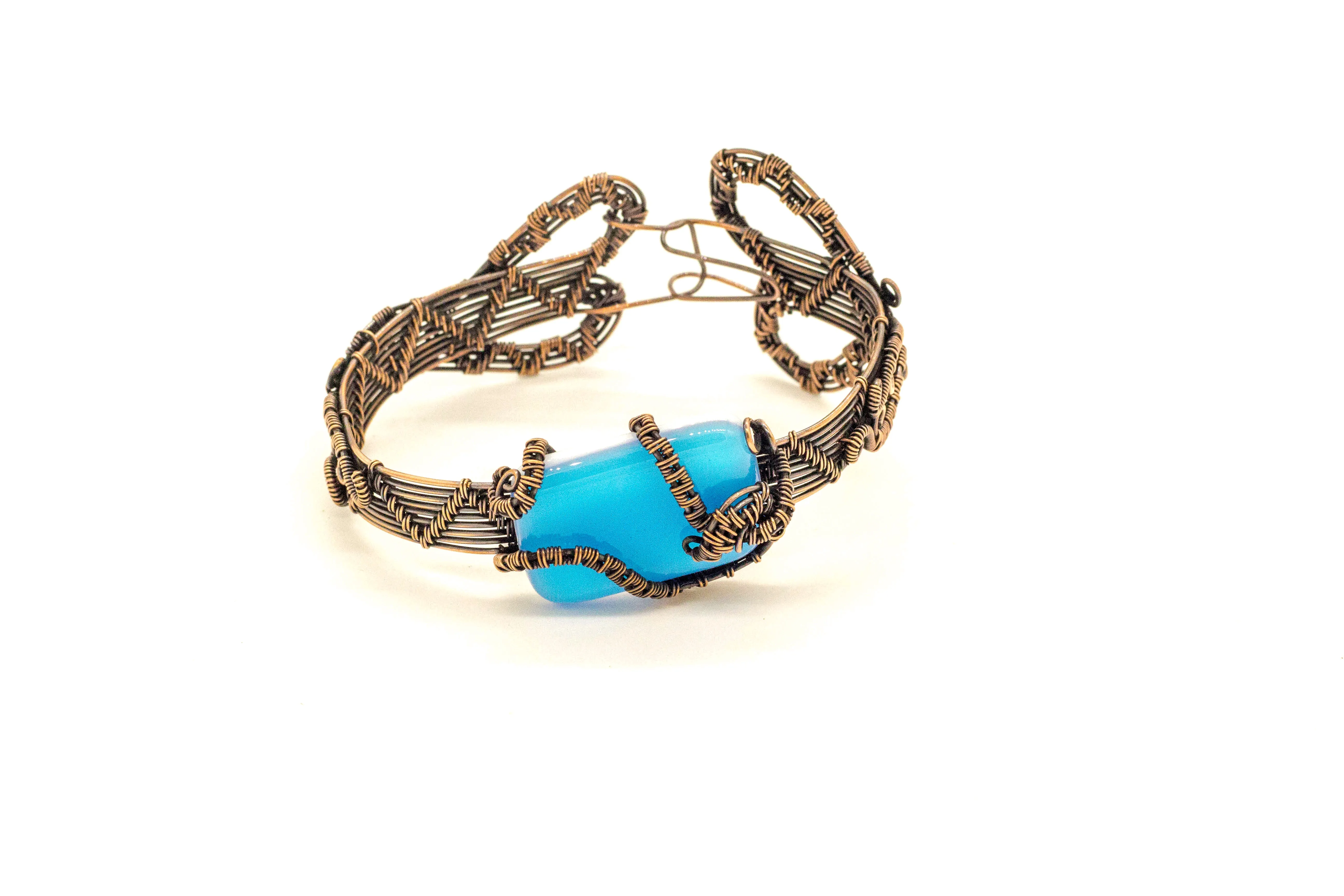 Bright Blue Fused Glass and Copper Wire Wrapped Bracelet