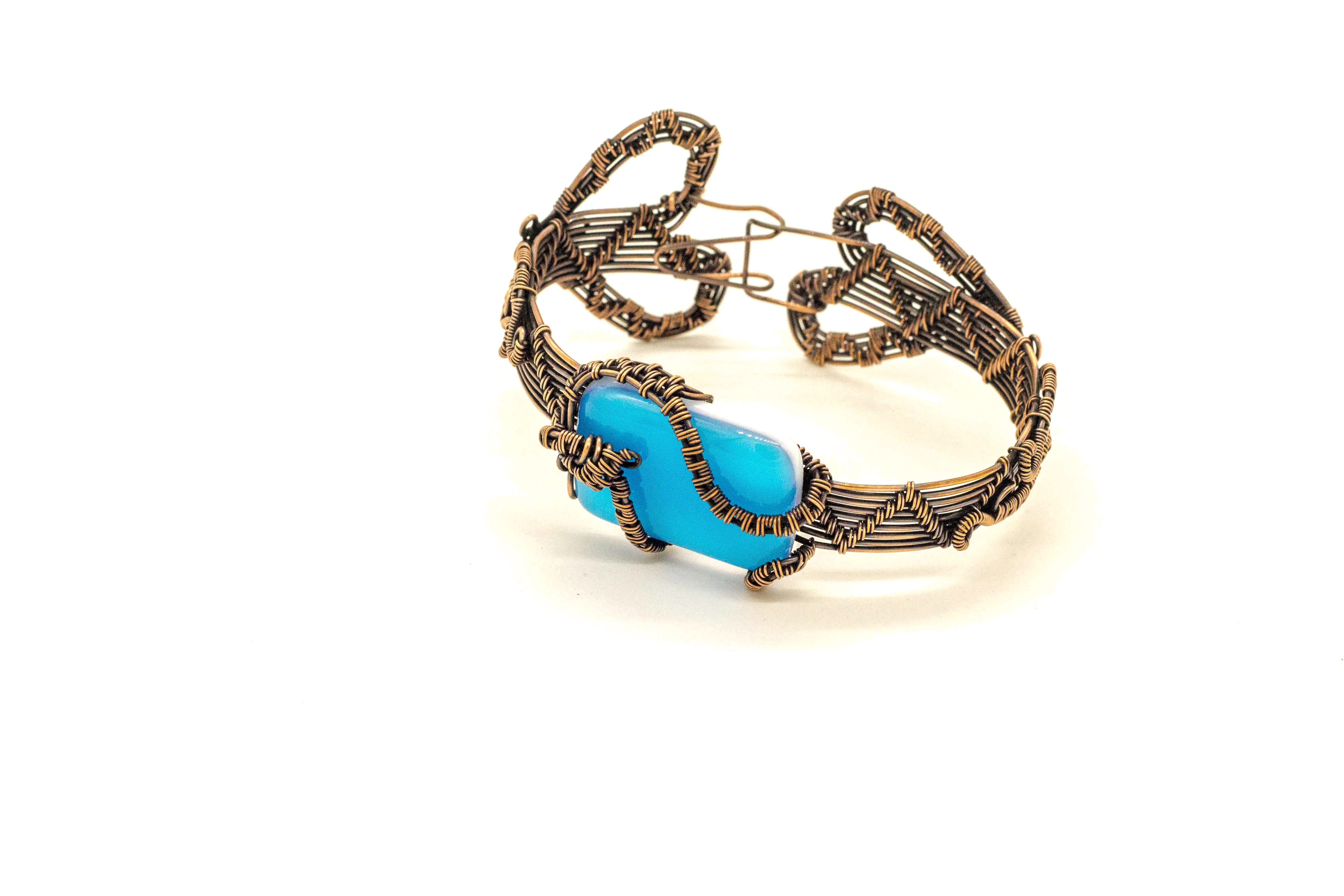 Bright Blue Fused Glass and Copper Wire Wrapped Bracelet