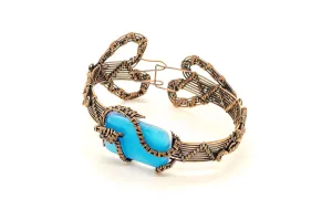Bright Blue Fused Glass and Copper Wire Wrapped Bracelet
