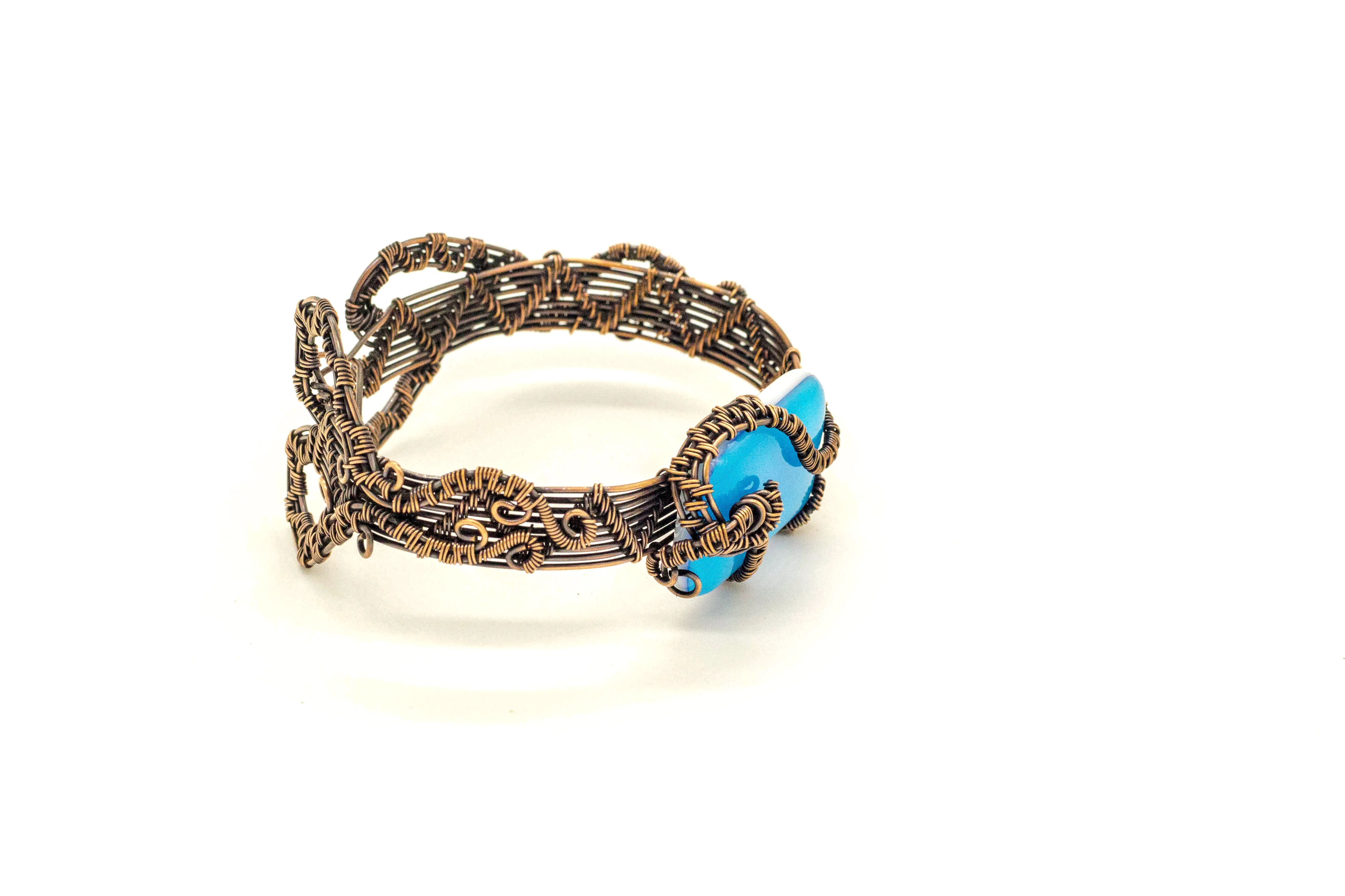 Bright Blue Fused Glass and Copper Wire Wrapped Bracelet