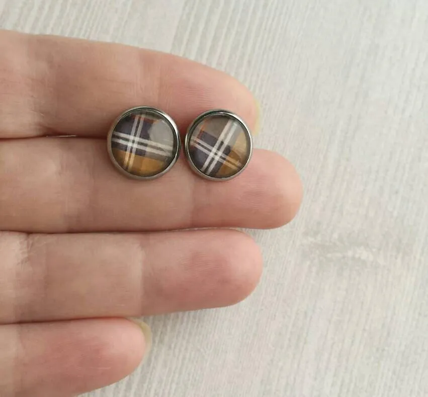 Brown Plaid Earrings, winter earring, flannel earring, plaid stud, round stud earring, brown white grey, stainless steel hypoallergenic stud