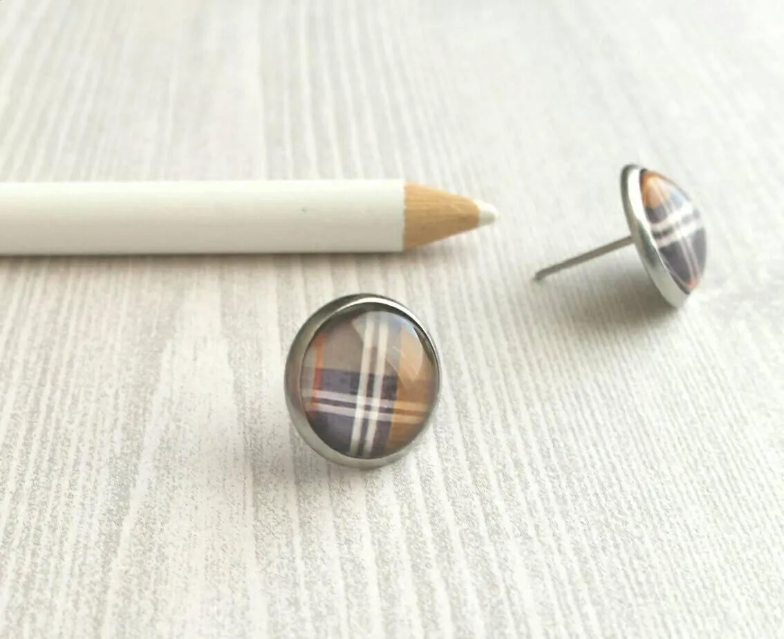 Brown Plaid Earrings, winter earring, flannel earring, plaid stud, round stud earring, brown white grey, stainless steel hypoallergenic stud
