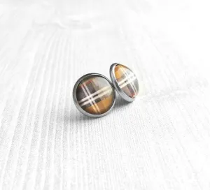 Brown Plaid Earrings, winter earring, flannel earring, plaid stud, round stud earring, brown white grey, stainless steel hypoallergenic stud