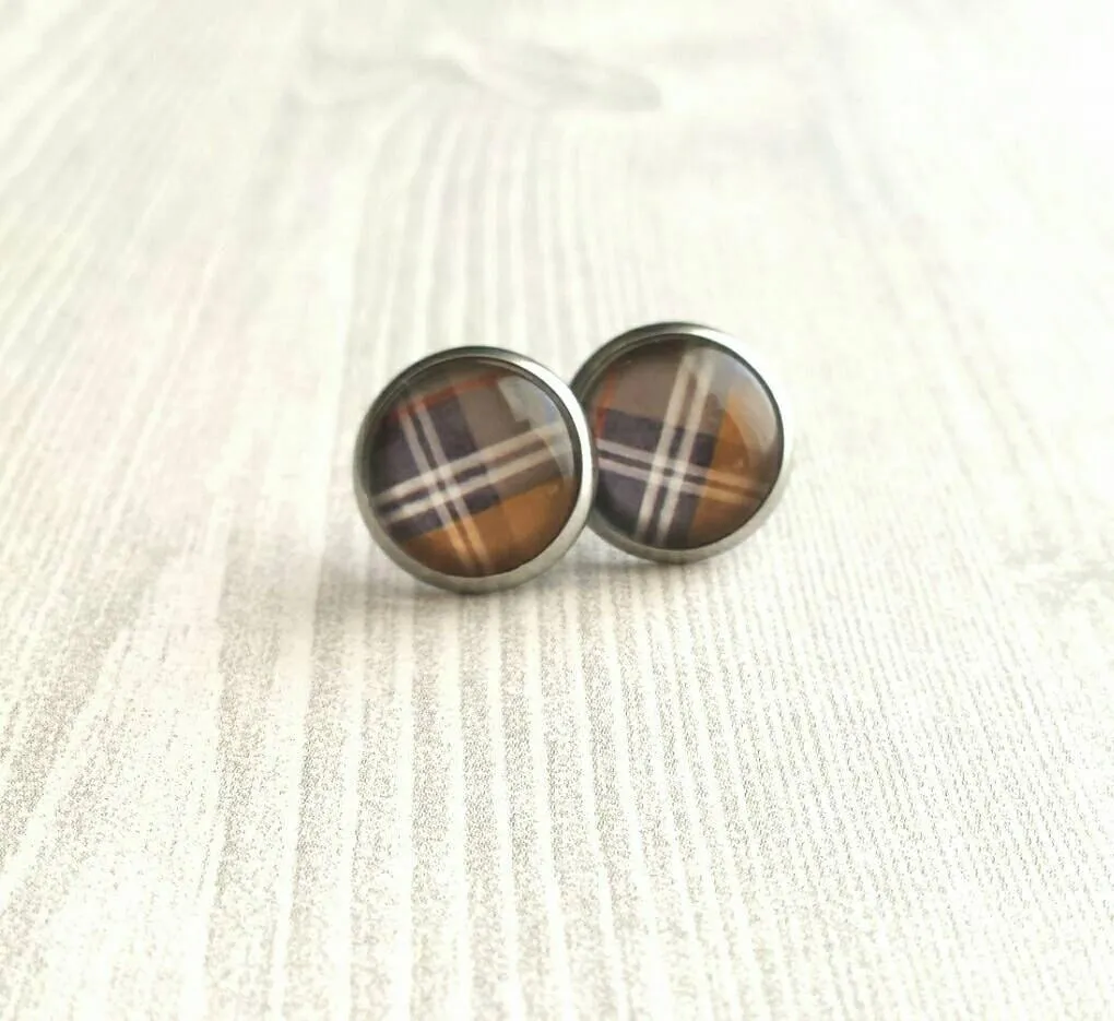 Brown Plaid Earrings, winter earring, flannel earring, plaid stud, round stud earring, brown white grey, stainless steel hypoallergenic stud