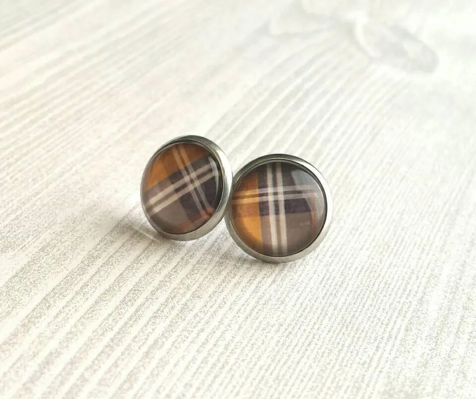 Brown Plaid Earrings, winter earring, flannel earring, plaid stud, round stud earring, brown white grey, stainless steel hypoallergenic stud