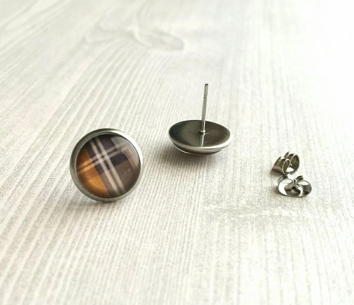 Brown Plaid Earrings, winter earring, flannel earring, plaid stud, round stud earring, brown white grey, stainless steel hypoallergenic stud