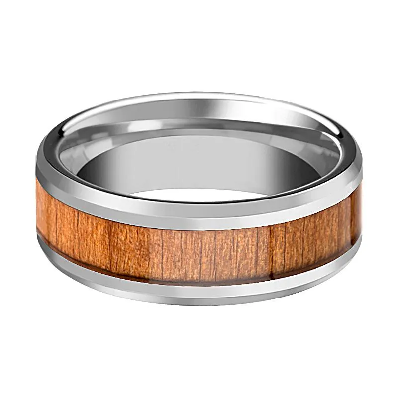 BRUNSWICK | Silver Tungsten Ring, American Cherry Wood Inlay, Beveled