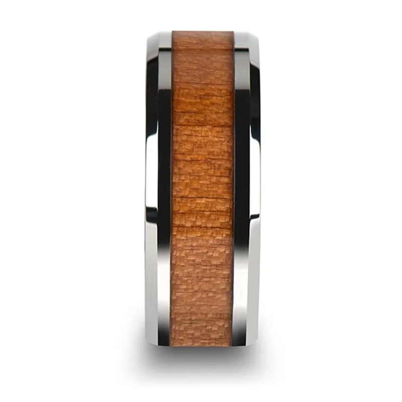 BRUNSWICK | Silver Tungsten Ring, American Cherry Wood Inlay, Beveled