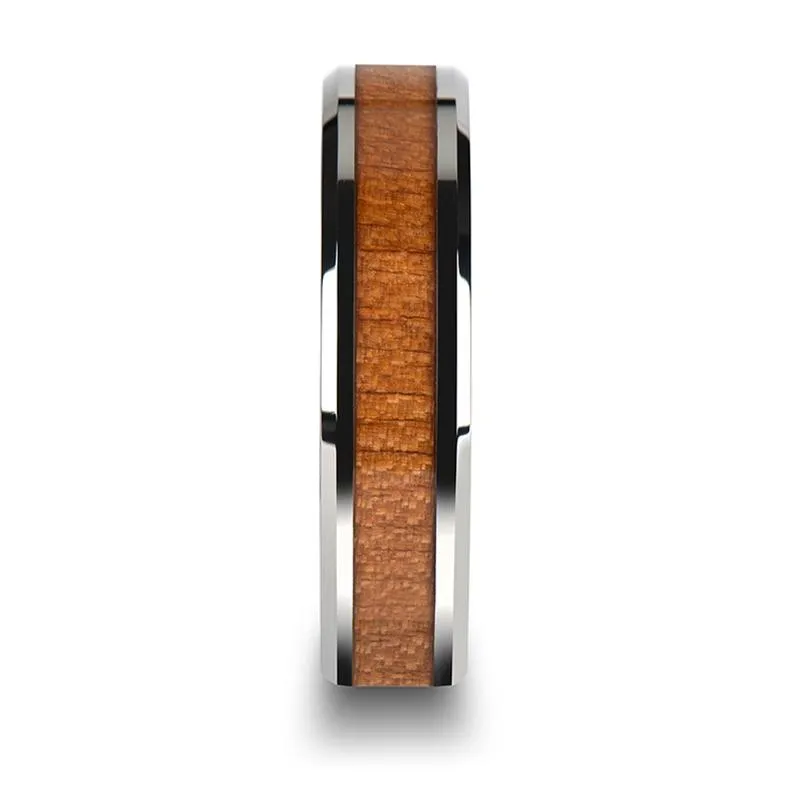 BRUNSWICK | Silver Tungsten Ring, American Cherry Wood Inlay, Beveled