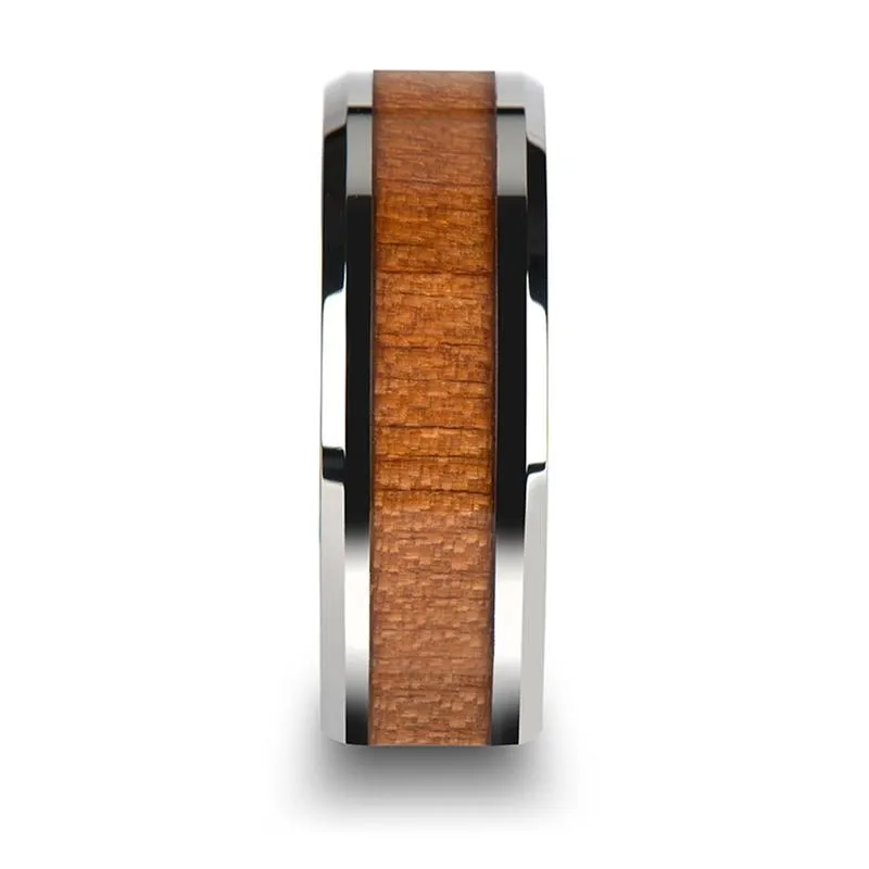 BRUNSWICK | Silver Tungsten Ring, American Cherry Wood Inlay, Beveled